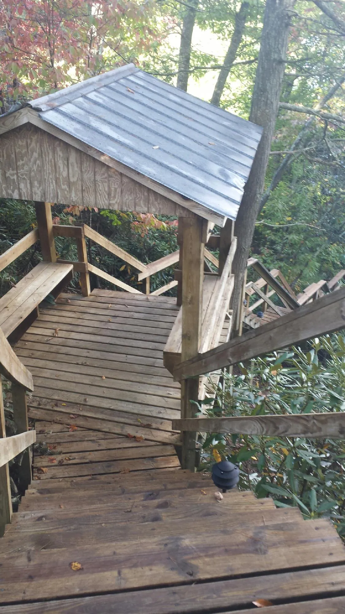 Metal roofed shelter over wooden steps on a wooded walkway — Skylight Repair & Installation work by our crew in Mc Leod